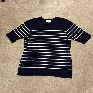Macy's Navy Blue and White Striped Short Sleeve Crew Neck Sweater, Sz L